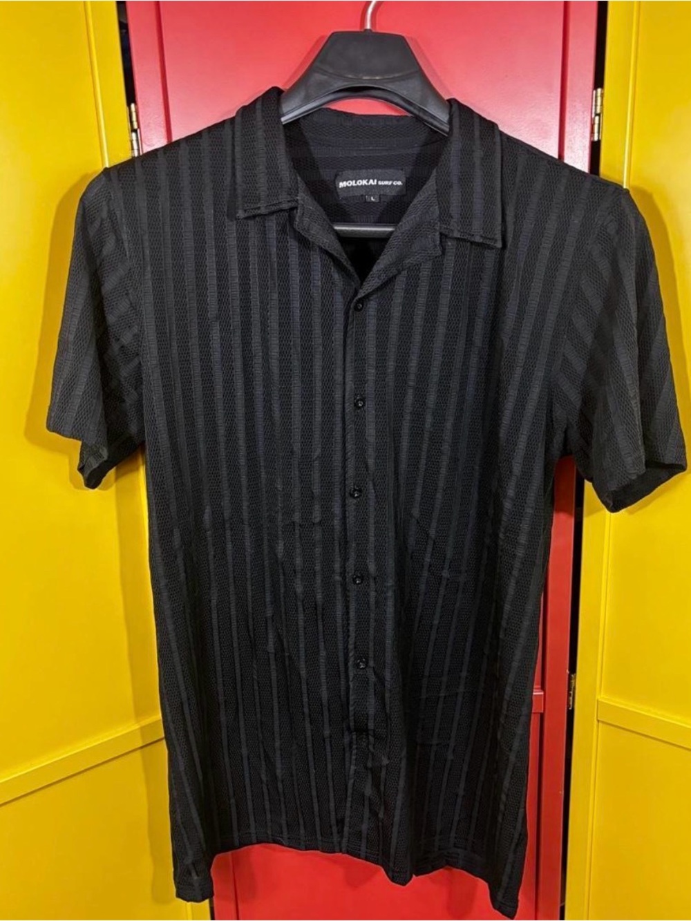 Molokai Surf Co. black with thin vertical stripes button up shirt